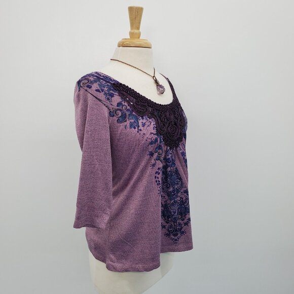 Live and Let Live Purple Embellished Boho Top Womens S Paisley Print 3/4 Sleeve - Picture 3 of 16